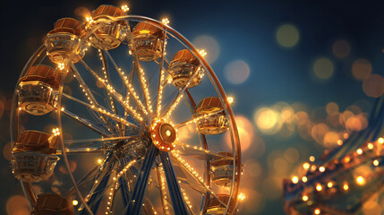 Oktoberfest Ferris Wheel and Fairground Rides Banner, Oktoberfest night carnival with glowing lights