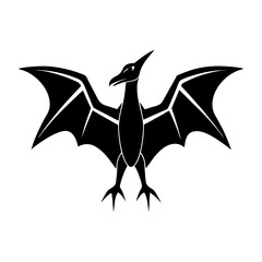 Illustration of a black pterodactyl with wings spread on white background © SM