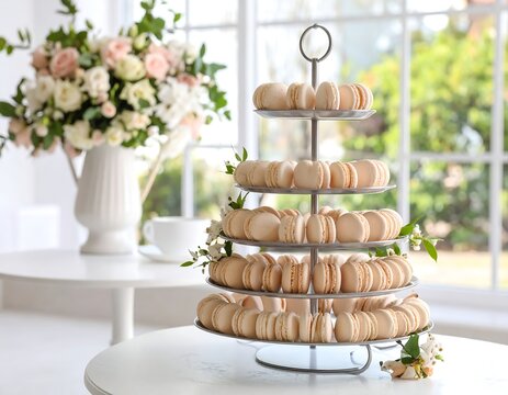 Elegant Tiered Macaron Stand with Delicate Pastel Macarons and Blossoms