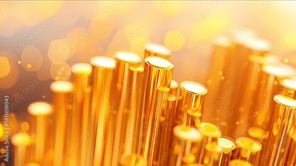 Poster abstract metallic cylinders in gold color with bokeh background and warm lighting