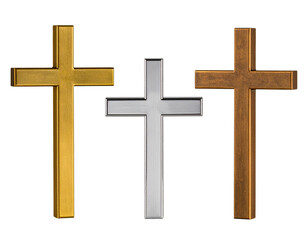 Set of Gold, Silver, and Bronze Christian Crosses, Transparent PNG Isolated