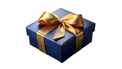 A luxurious blue gift box with a shiny gold ribbon and bow, isolated on a transparent background