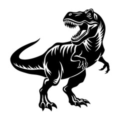 Illustration of a black tyrannosaurus rex with an open mouth showing teeth