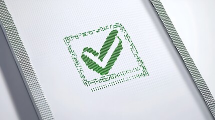 A close up of a green check mark on a white surface with textured edges visible