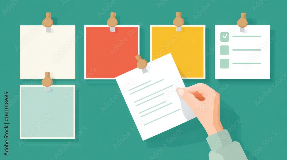 Poster hand pinning a note to a bulletin board with colorful reminders and a checklist in an organized work