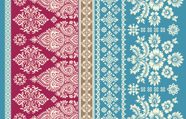 floral pattern vintage ethnic modern embroidery texture boho design vector illustration hand drawn pink flower motif branches leaves wallpaper seamless background border.