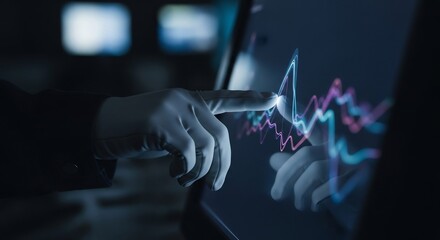Gloved hand interacting with a futuristic digital screen displaying glowing data analysis charts and financial technology insights.