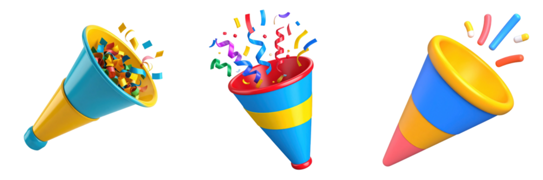 3D Plastic Style Icon of Festive Confetti Poppers in Assorted Colors Exploding on Transparent Background with Bright Blue Yellow and Red Elements for Celebration and Party Design