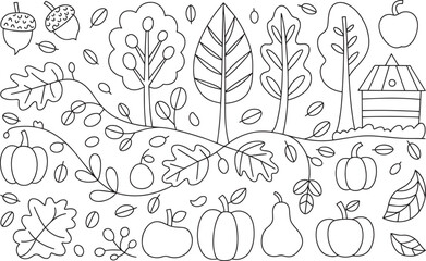 Autumn Nature Elements and Cottage Coloring Page Hand Drawn Fall Season Vector Illustration for Kids and Adults, Autumn Elements, Fall Coloring Page, Harvest Clipart, thanksgiving 