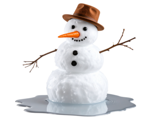 Melting Snowman with Drooping Hat and Slumped Arms, Humorous Front View, Transparent PNG