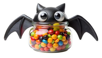 A cute halloween bat character made from a jar filled with colorful candies, isolated on transparent background