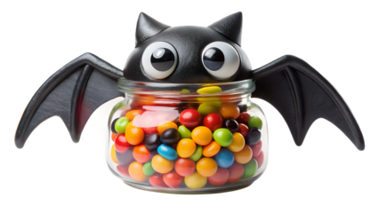 A cute halloween bat character made from a jar filled with colorful candies, isolated on transparent background
