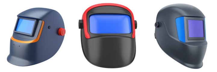 Three 3D Plastic Style Welding Masks In Different Colors And Designs Showcased In A Studio Shot