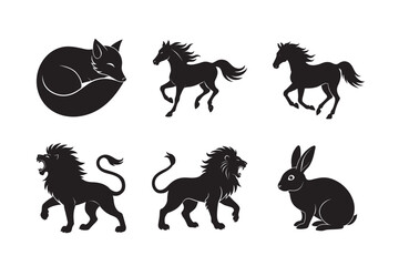 silhouette of lion,eabbit,horse and fox curled up sleeping pose set bundle on the white background