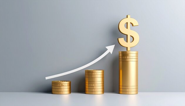 Three gold coin stacks increasing in height left to right, each topped with a growing gold dollar sign—connected by an ascending arrow to illustrate monetary growth, value amplification, and financial
