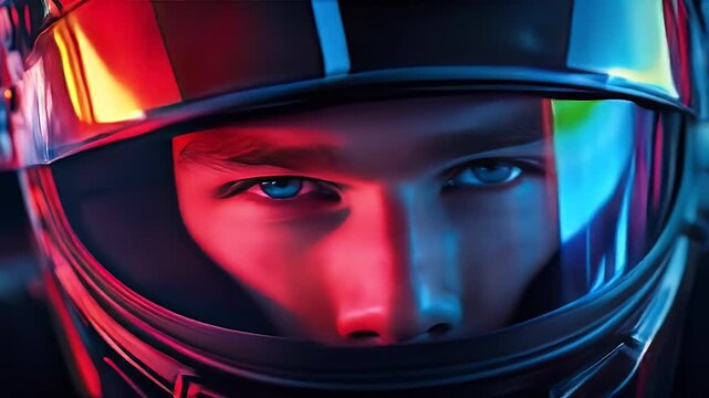 Portrait of formula 1 race driver with glowing eyes in futuristic helmet