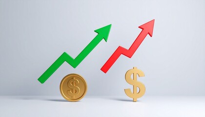 Dual gold dollar symbols—one coin-shaped, one typographic—with upward green and red arrows above each, representing diverse financial growth indicators and asset trends.