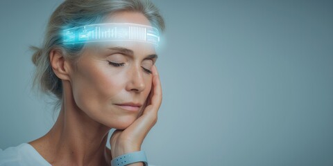 senior woman using digital skin analysis