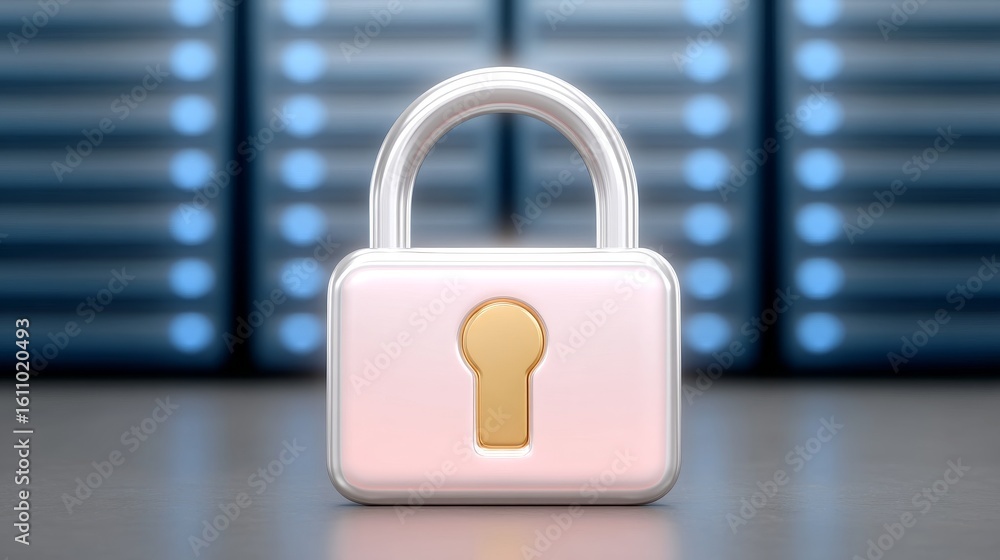 Poster digital security lock overlaying software interface in a modern data center digital art futuristic e