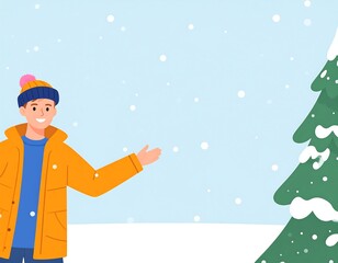 Smiling person in winter attire pointing at snowfall near a tree
