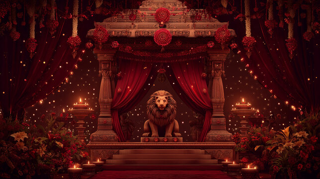 Dashain Pandal Design, traditional Durga mandap with lion statue