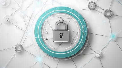 A central padlock surrounded by teal circles and smaller padlocks connected by lines