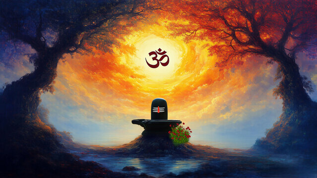 Shiva Lingam Under Divine Sky Portal with Glowing Om &ndash; Sacred Spiritual Artwork.

