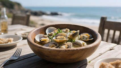 Clams in a wooden bowl served on a seaside table with ocean view