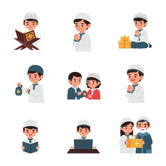 Collection of cartoon illustrations depicting a young Muslim boy in various activities, including reading Quran, praying, giving charity, and using a laptop.