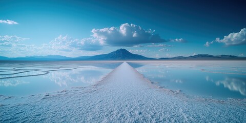 Vast expanse of barren, cracked salt flats stretching towards a distant horizon under a clear blue sky.
