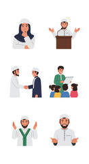 A collection of illustrations depicting Muslim men and women in various scenarios, including contemplation, public speaking, greeting, teaching, and gesturing.