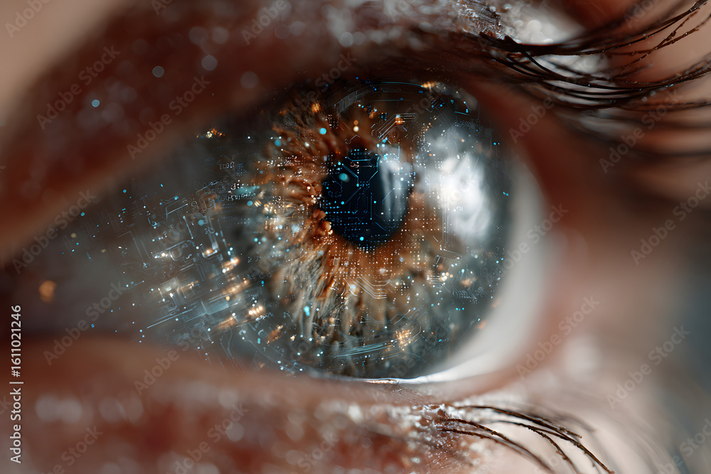 Aufkleber close up of an eye with glowing digital interface, representing the integration of technology with h