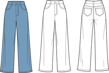CAD drawing flat vector illustration of wide-leg pants, front and back views, detailed stitching, pocket construction, garment layout, fashion sketch, clothing template, apparel mockup