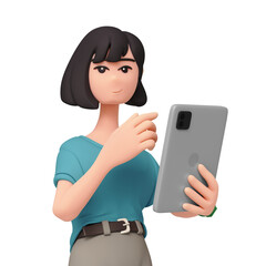 3d rendering portrait of stylized smiling excited asian brunette teen girl in casual fashion clothes blue t-shirt, holding digital tablet in hand for remote work, reading, studying on white background