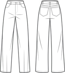 CAD drawing flat vector illustration of wide-leg pants, front and back views, stylish pocket detail, technical stitching, garment layout, fashion design sketch, apparel template