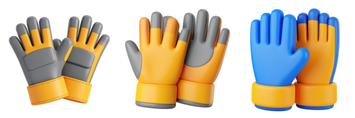 3D Plastic Style Work Gloves Icon Design Featuring Yellow Orange Blue And Grey Colors On Transparent Background