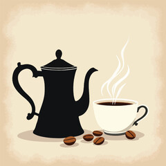 Silhouette of Coffee Pot and Steaming Cup Surrounded by Beans on Textured Beige Background in Cozy Morning-Themed Illustration