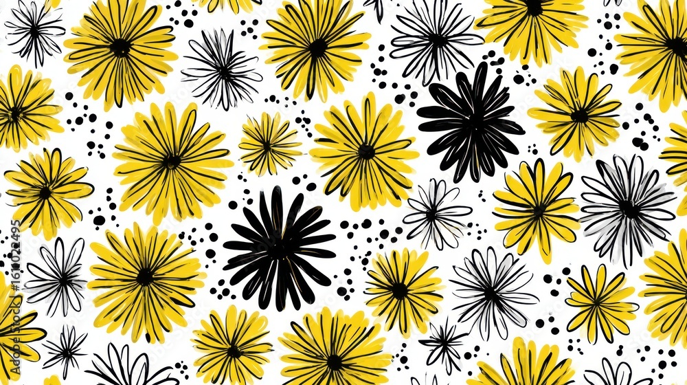 Poster seamless vector pattern of sketchy yellow and black flower doodles, spaced cleanly on white for easy