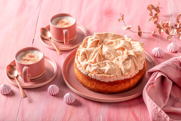 Tasty meringue cheesecake bake in home kitchen.