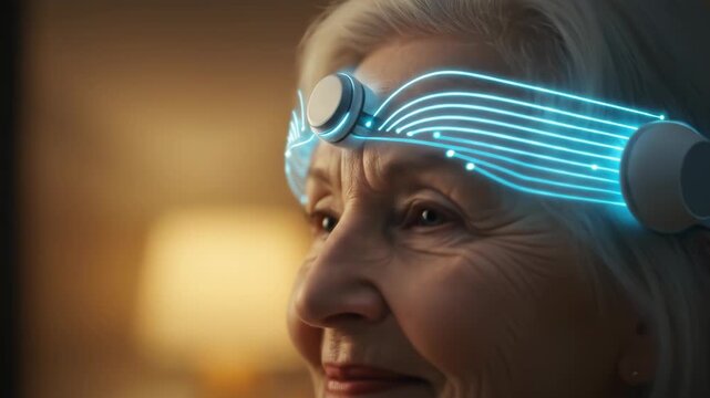 Close-up of a smiling senior woman wearing a futuristic headband emitting glowing blue lines across her forehead