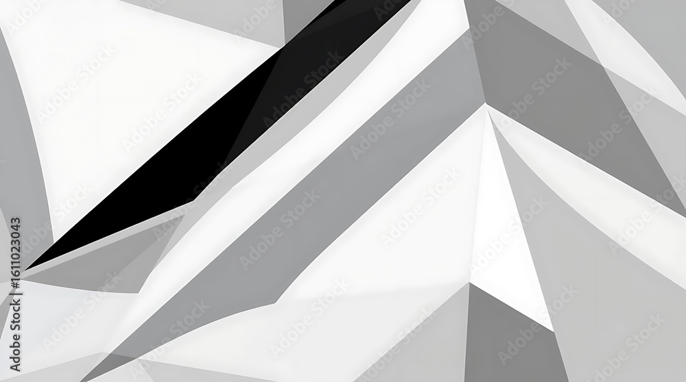 Poster a geometric digital background, consisting of overlapping triangles in various shades of grey and wh