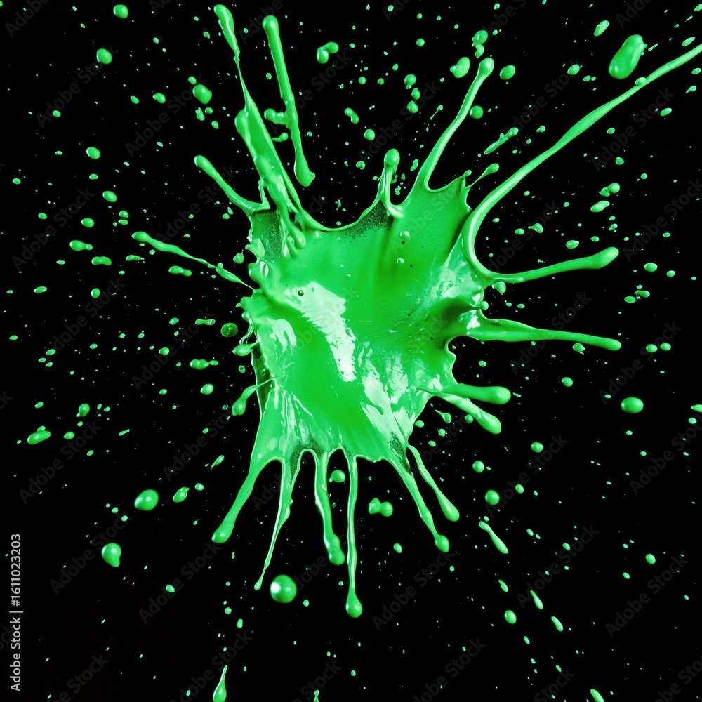 Poster vibrant green paintball impacts exploding dynamically across a stark black background