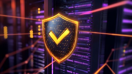 Glowing shield with checkmark in front of server racks with network connections