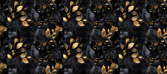 Obraz premium Golden Elegance: A symmetrical arrangement of luxurious gold leaves and dark foliage, embodying sophistication and opulence. This opulent and elegant presentation will leave its mark on your design.