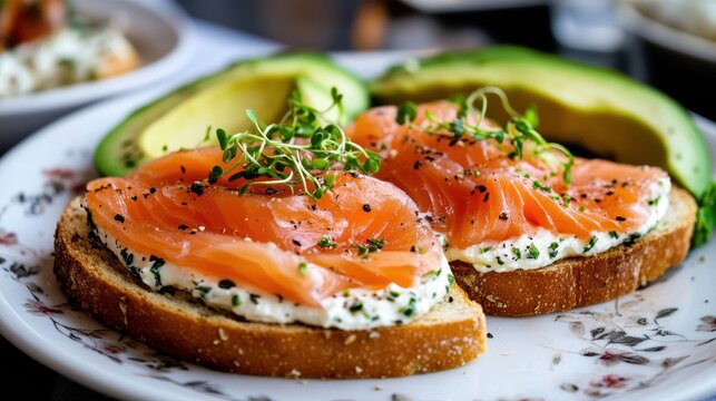 Country life breakfast: Homemade avocado toast with traditional smoked salmon, a delicious salmon for breakfast
