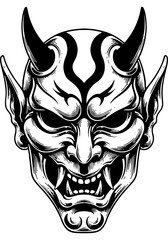 Obraz premium Demonic Oni Mask in Woodcut Style with Bold, Clean Lines. Scary Japanese Folklore Monster Face, Black and White Vector Illustration.