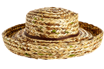 Woven straw hat with brown band isolated on white or transparent png, a traditional headwear accessory displaying detailed braiding and rustic texture.