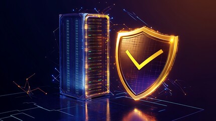 A server rack with a golden shield and checkmark on a dark blue digital background