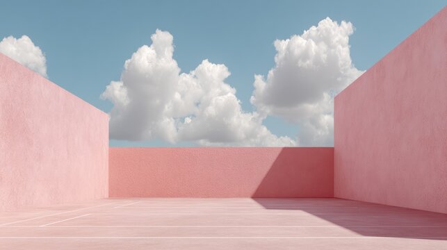 A pink courtyard with walls, under a blue sky filled with fluffy white clouds - Powered by Adobe
