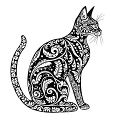 Ornamental Cat Vector – Intricate Black and White Zentangle Style Feline Illustration with Floral and Paisley Patterns